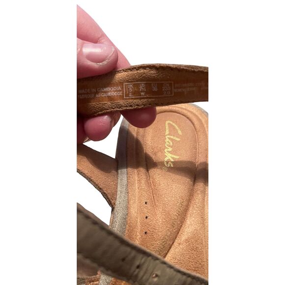 Clarks Womens Tan Olive Green Leather Elleri Plub Wedge Sandal Size 7.5 - Picture 9 of 12